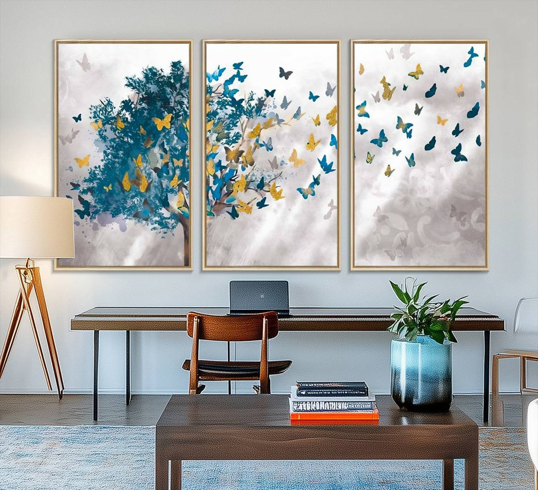 The modern dining room features Tree Butterfly Abstract Wall Art, adding a touch of nature-inspired decor.