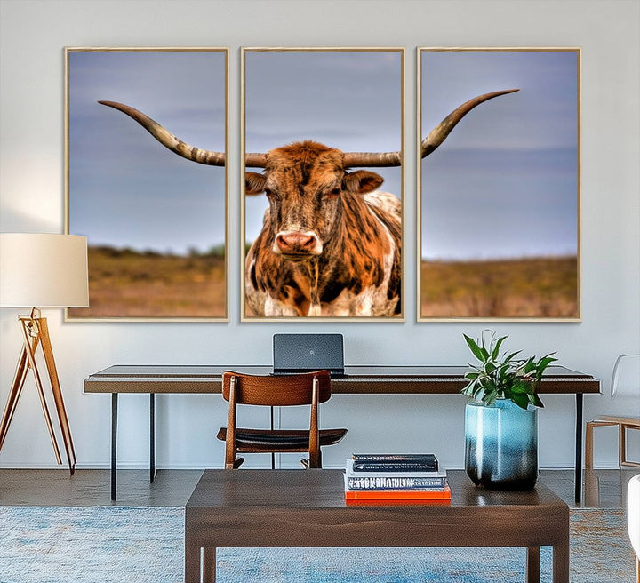 The Texas Longhorn Wall Art Print is displayed in a stylish living room.