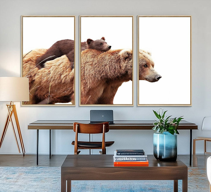 Mother and Baby Bear canvas: an adorable wildlife print displayed on a dark green wall.