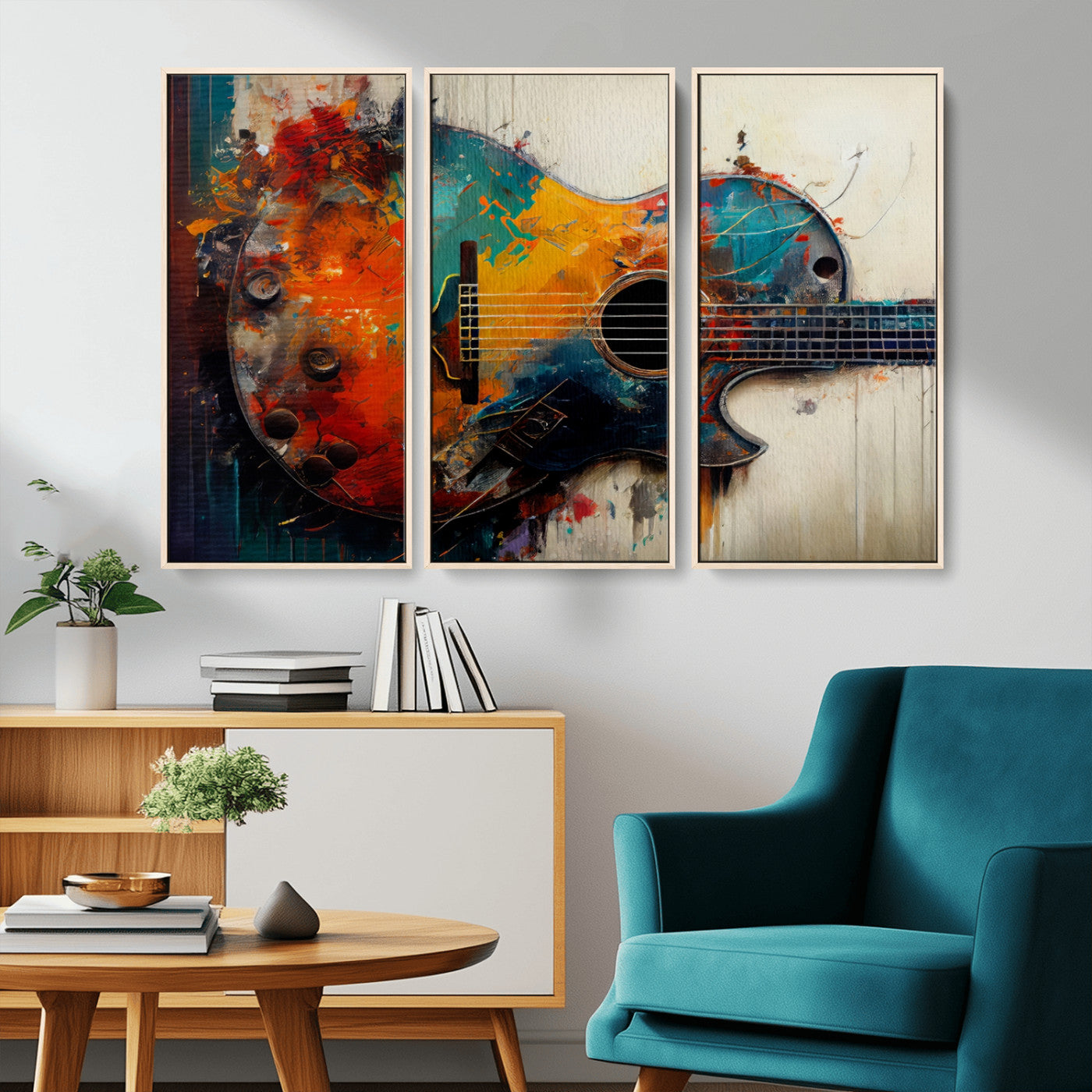 MGV-FC-48X32-3P - Abstract Guitar Wall Art Canvas | Vibrant Music-Inspired Art for Living Room or Studio | Colorful Music Decor Canvas Print