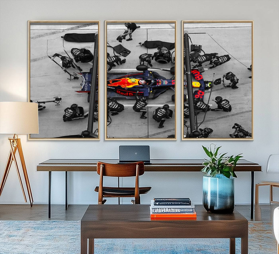 Red Bull Formula 1 Canvas Wall Art Print: An aerial view of a Formula 1 pit stop featuring a Red Bull car on premium canvas.