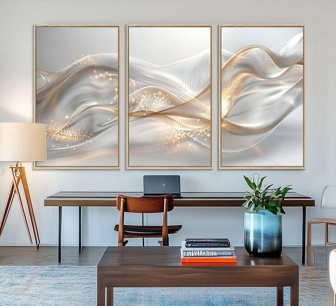 The Abstract Art Grey and Gold Lines Wall Art is a standout piece.