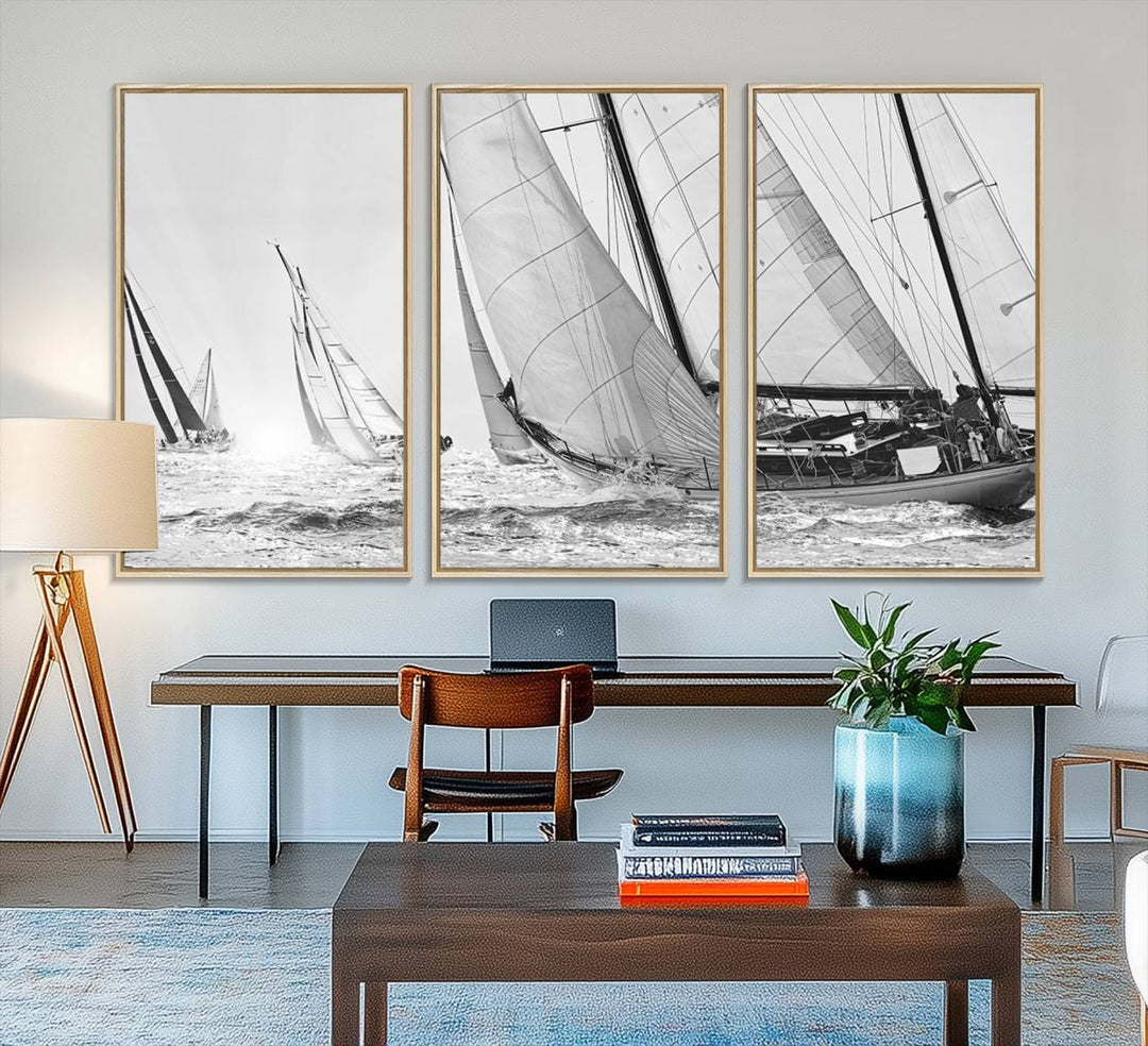 Yacht Sailboat Regatta canvas print on a textured wooden wall.