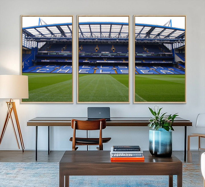 The wall art features a Chelsea FC Stamford Bridge Stadium canvas print.