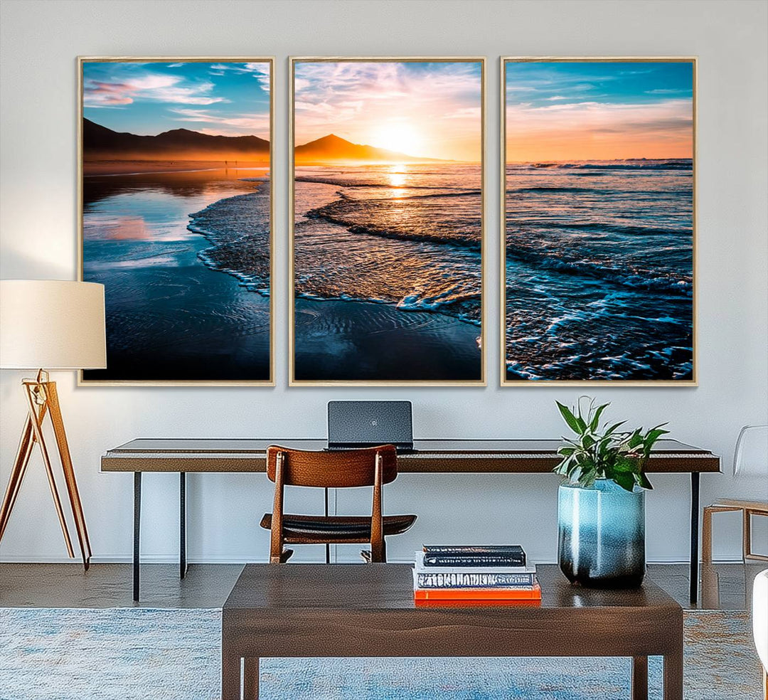 The Sunset Beach Ocean Canvas Wall Art – Tranquil Reflections at Dusk enhances the ambiance with its captivating depiction of serene ocean views at dusk.