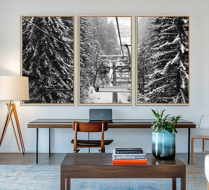 The Winter Ski Lift Canvas in minimalist style adds a unique touch to the dining room.