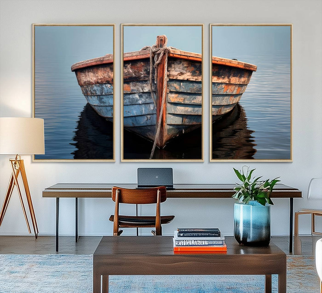 Stunning vintage boat canvas print featuring a calm water scene.