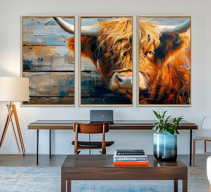 The dining room features Highland Cow Abstract Canvas Wall Art in a farmhouse rustic decor style.