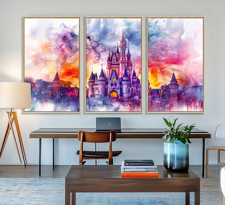 The watercolor Disney Wall Art showcases Cinderellas Castle in pink, purple, and orange hues.