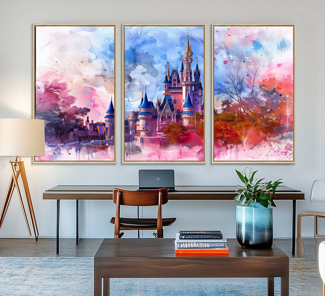 A Disney Wall Art: Dreamy Watercolor Cinderella Castle Canvas Print hangs prominently.