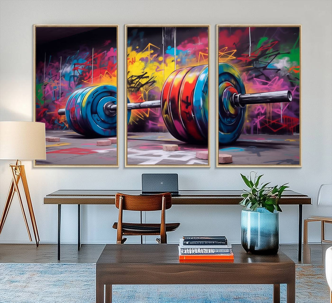 The Abstract Graffiti Barbell Canvas Wall Art is displayed on a porch.