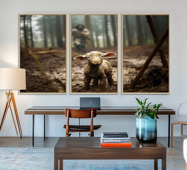 The Jesus Lost Lamb Canvas Wall Art features a heartwarming woodland scene, beautifully capturing the essence of serenity and grace.