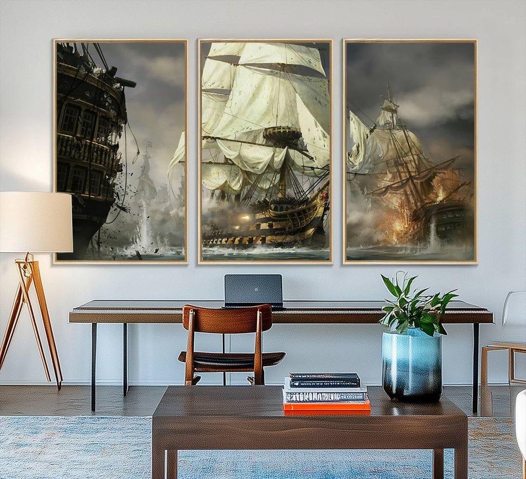 Featuring a dramatic Pirate Ship War Wall Art Canvas Print.