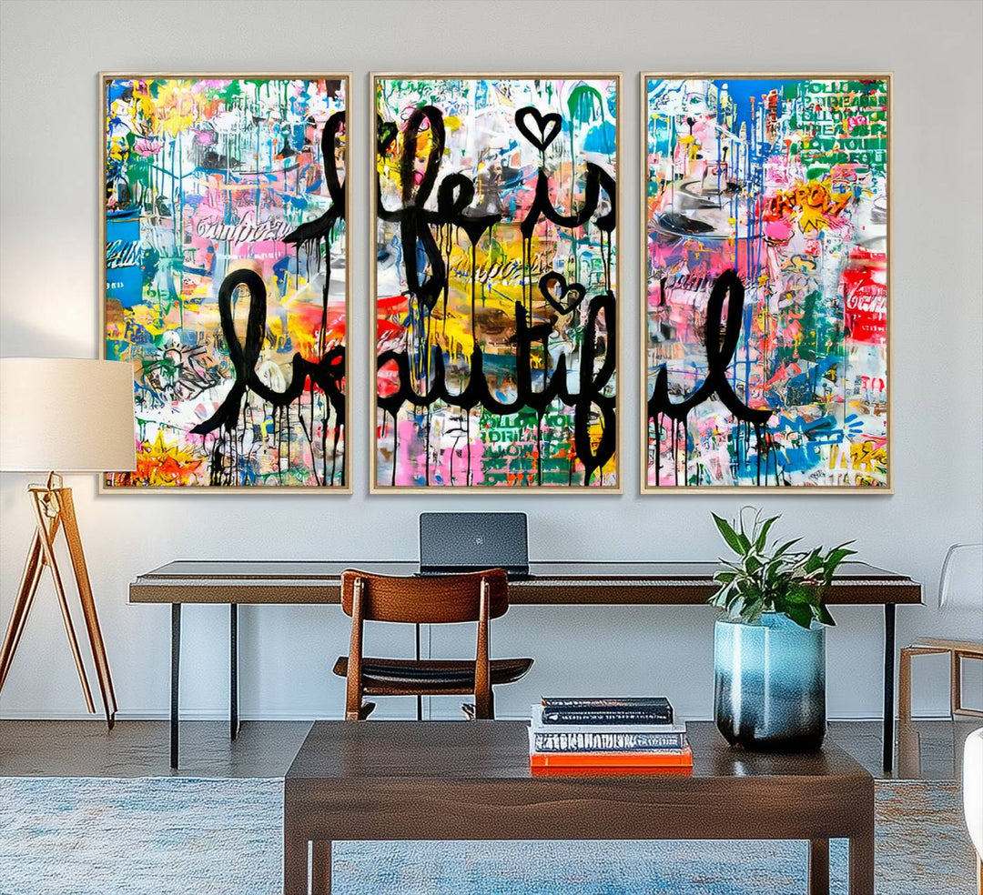 The Life Beautiful graffiti style canvas print is showcased in black script.