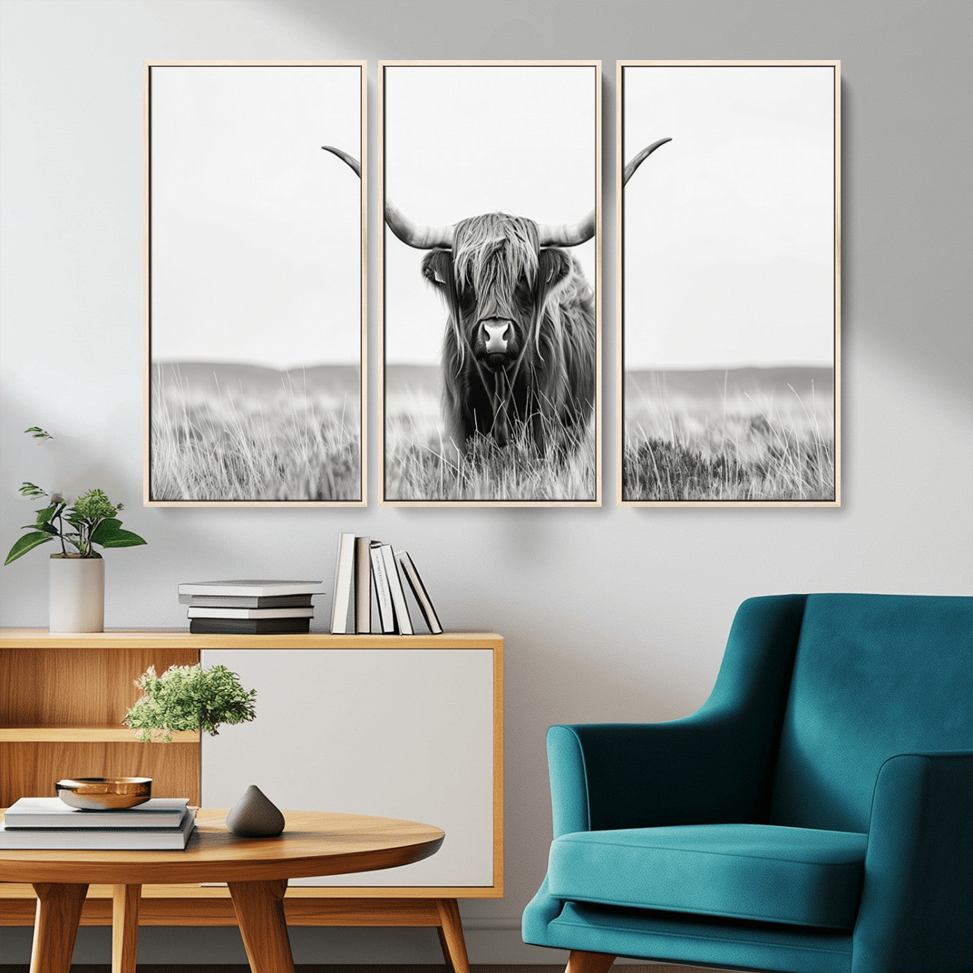 MGV-FC-48X32-3P - Highland Cow Canvas Wall Art – Majestic Beauty in Black and White – Ready to Hang