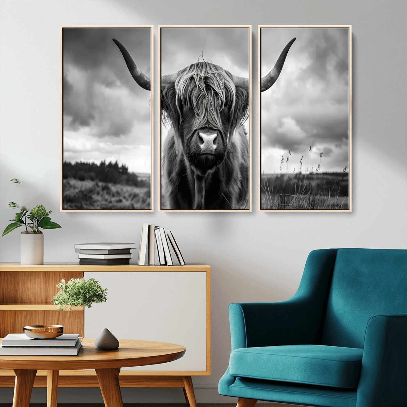MGV-FC-48X32-3P - Scottish Cow Wall Art Canvas Print | Longhorn Wall Art | Bighorn Animal Wall Art