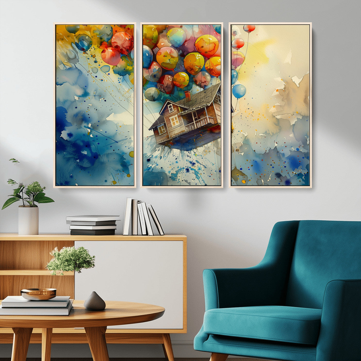 MGV-FC-48X32-3P - UP-Inspired Floating House with Balloons Canvas Art – Colorful 3-Panel Wall Decor for Living Room,