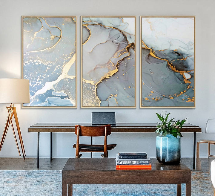 A blue and gold marbled Large Abstract Marble Wall Art Canvas Print hangs overhead.