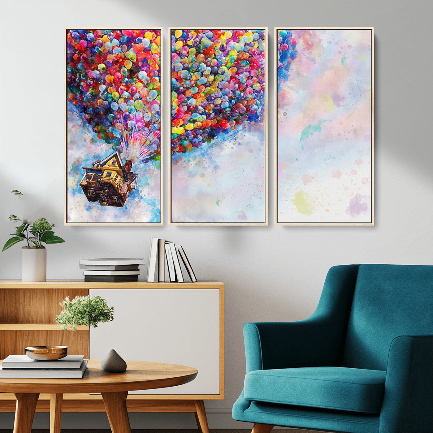 MGV-FC-48X32-3P - Don't Look Up Movie Canvas Wall Art - Vibrant Floating House and Balloons Scene, Tribute to Iconic