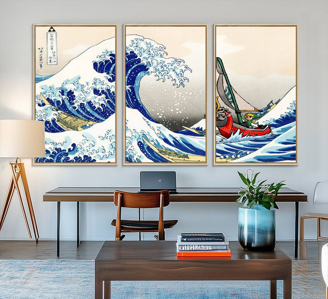 The Katsushika Hokusai Kanagawa Giant Wave Canvas print captures a vibrant sailing scene.