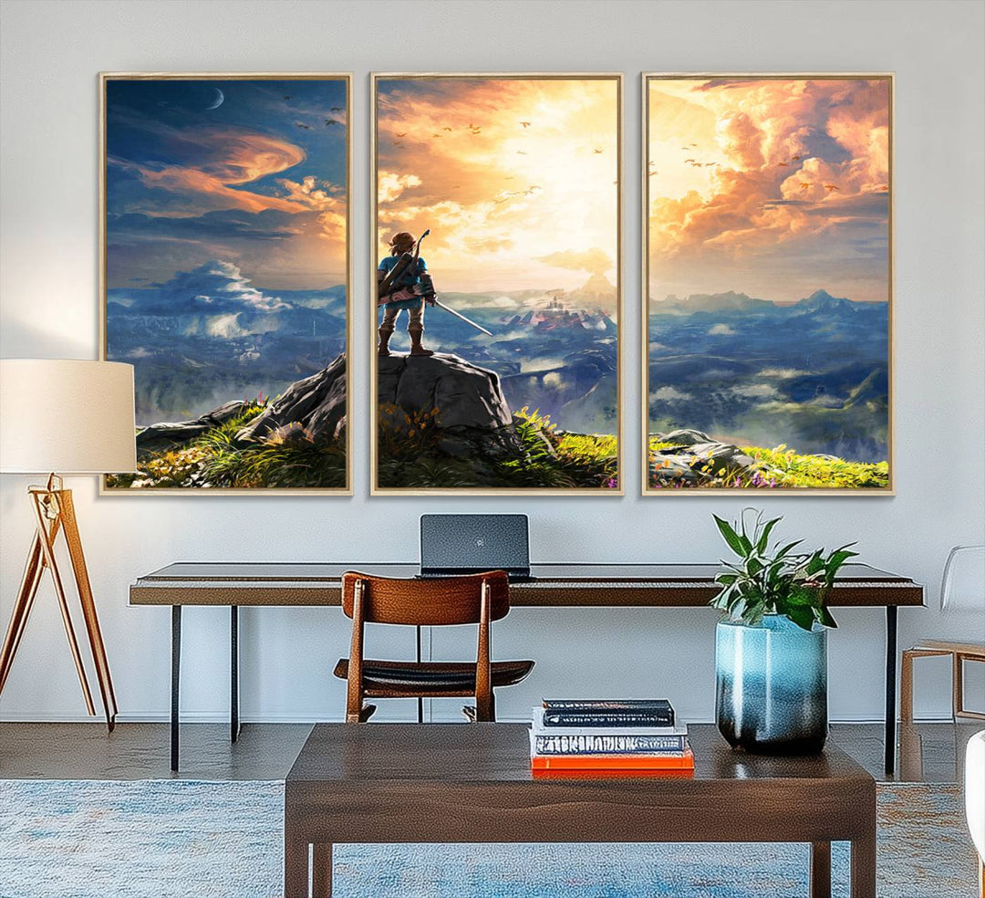 A vibrant Legend of Zelda Breath of the Wild canvas print depicts a figure standing on a rock with mountains and sky in the background.