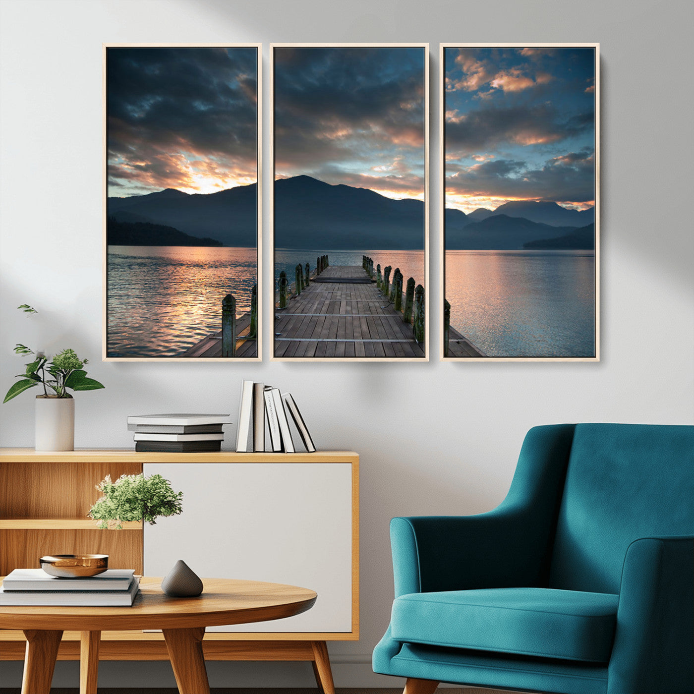MGV-FC-48X32-3P - Mountain Lake Wood Pier Canvas Wall Art Nature Lake Print