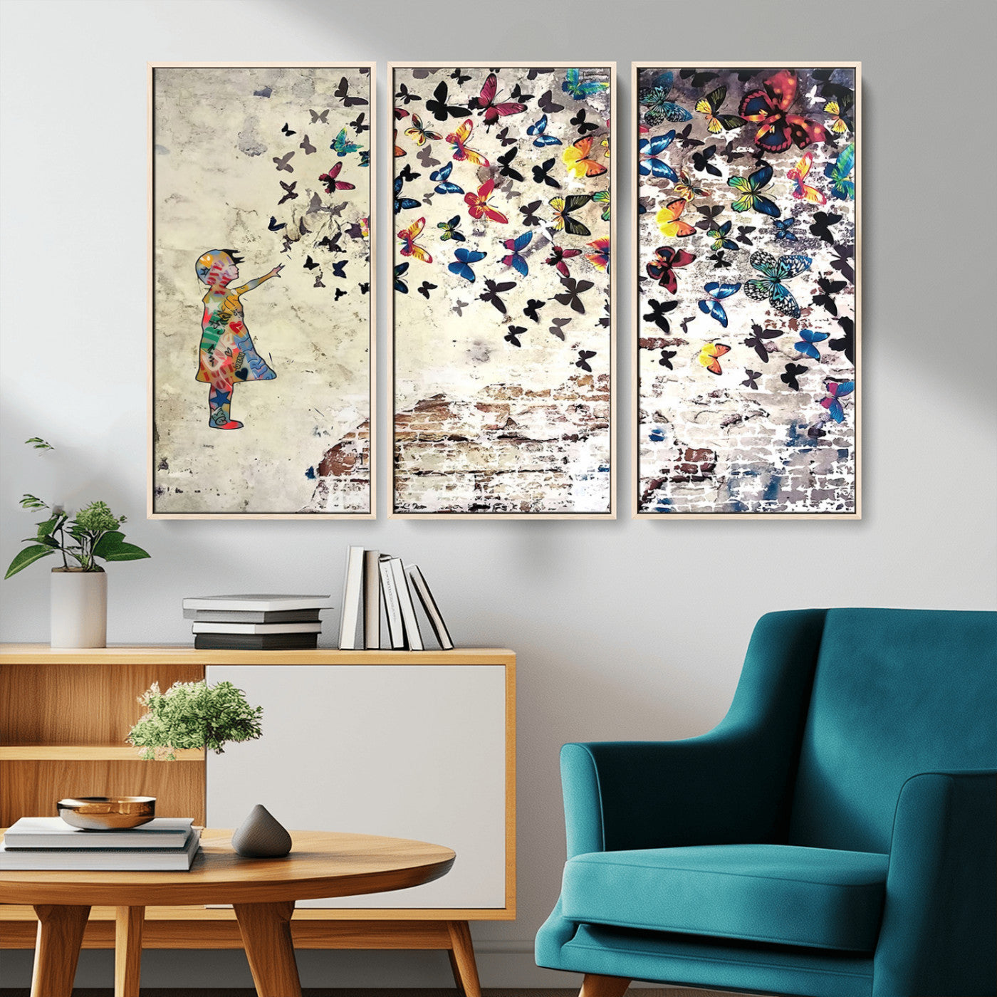 MGV-FC-48X32-3P - Banksy Wall Art - Banksy Girl Butterfly Graffiti Wall Art Canvas Print - Butterfly Girl and Freedom Flight - Vibrant Street Art Print