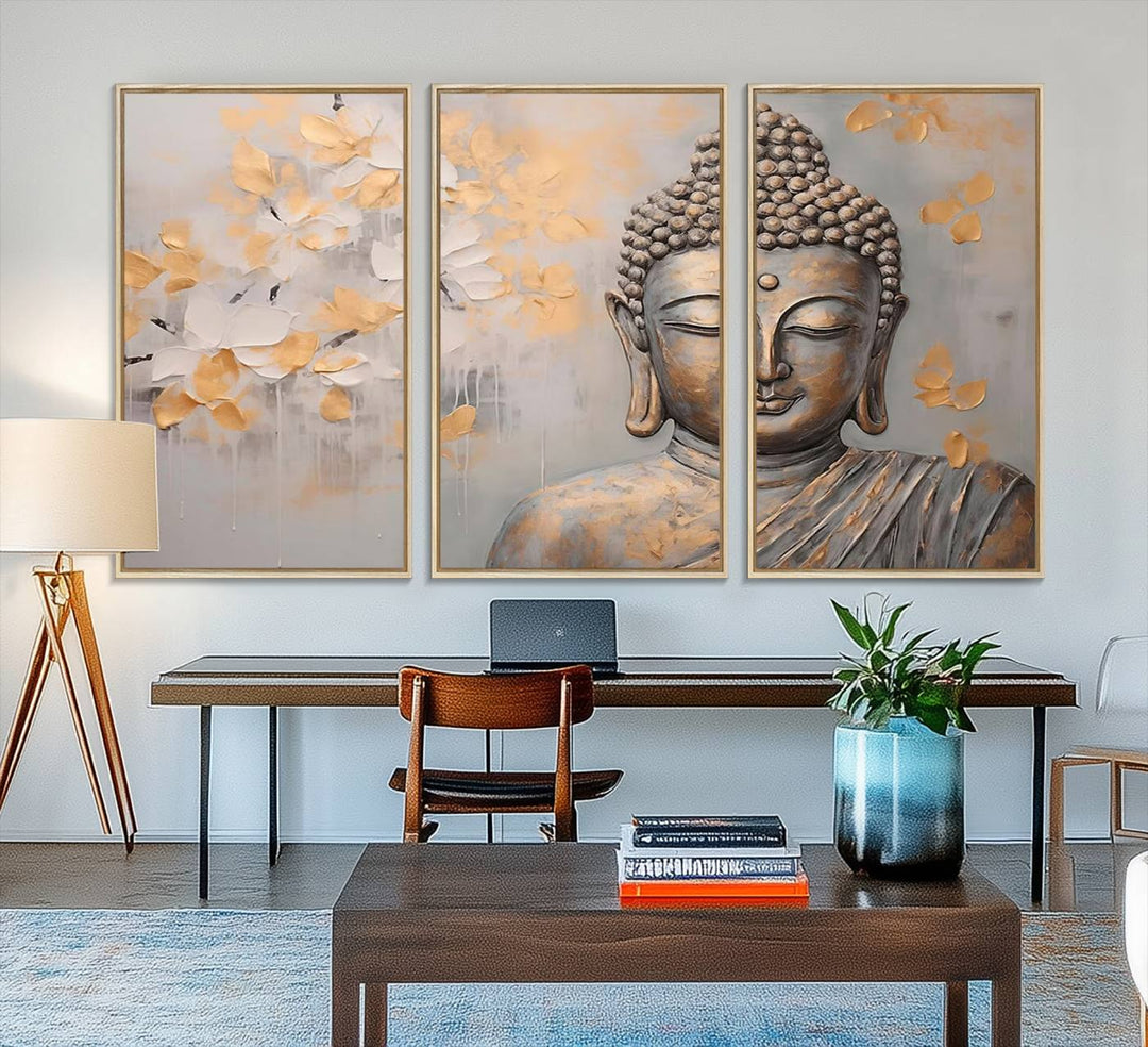 The serene dining room features Abstract Buddha Statue Wall Art.