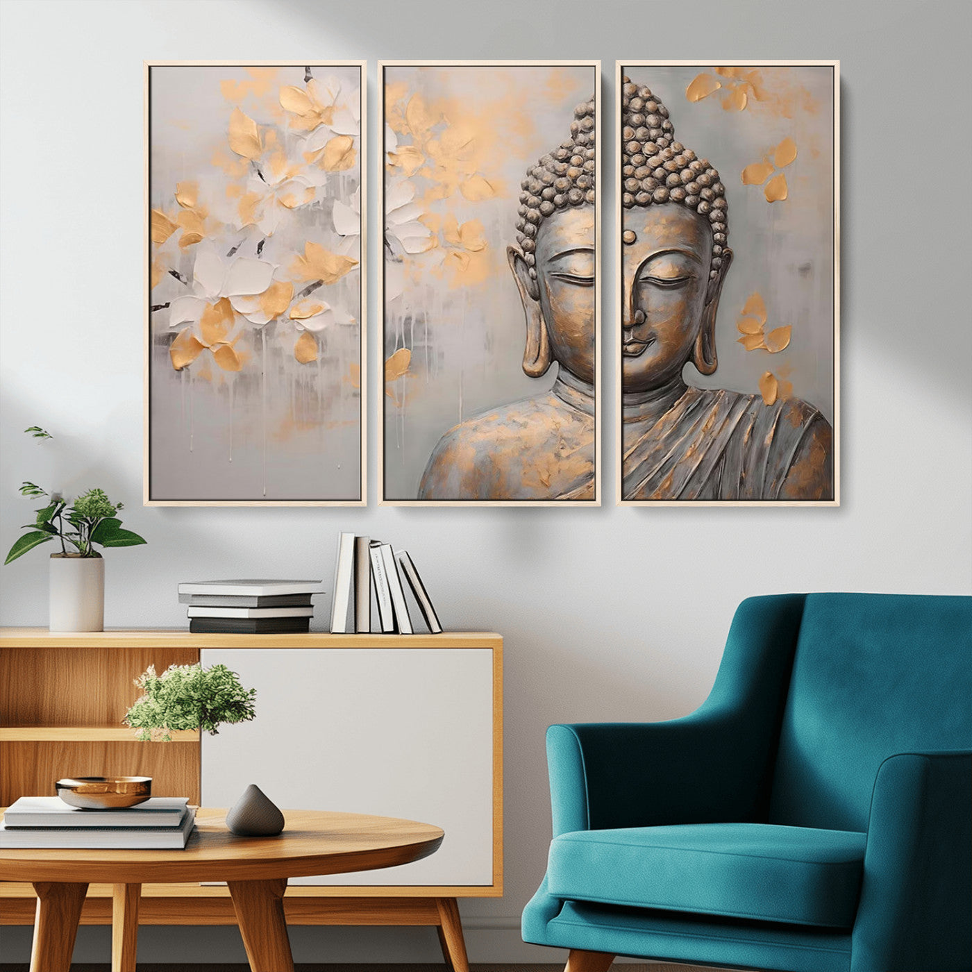 MGV-FC-48X32-3P - Abstract Buddha Statue Wall Art Canvas Print - Modern Meditation Decor for Living Room, Office, Yoga Studio Decor