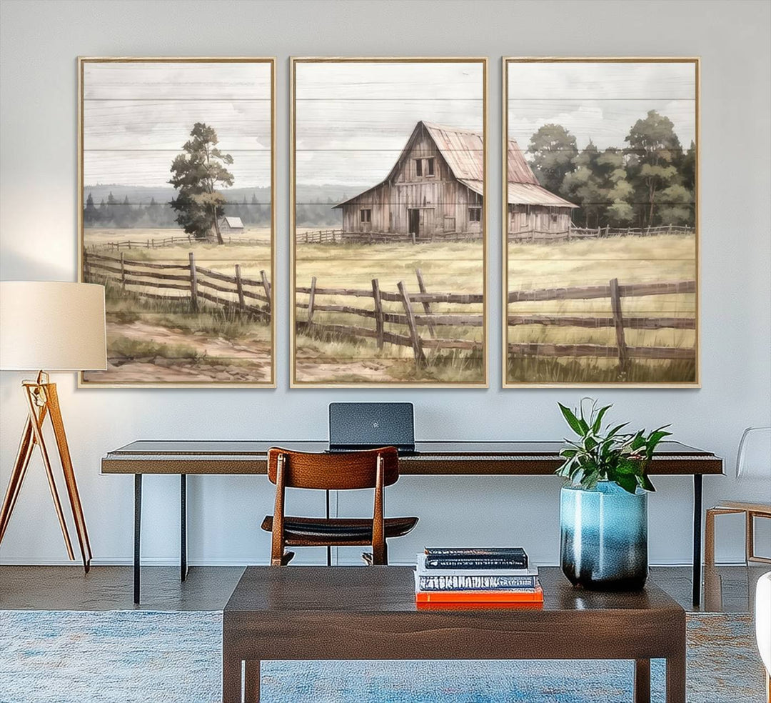 The wall is adorned with a Rustic Farmhouse Barn Wall Art.