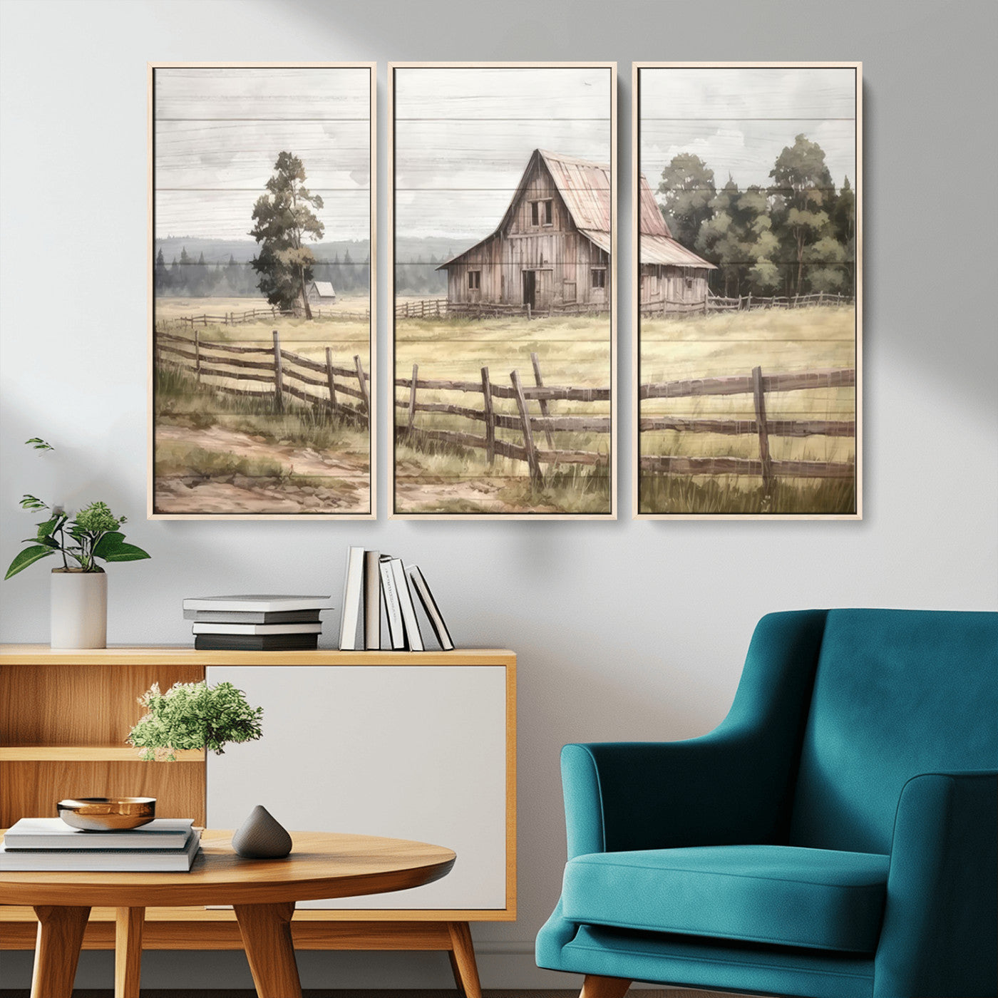 MGV-FC-48X32-3P - Rustic Farmhouse Barn Wall Art | 3-Panel Framed Gallery Wrap Giclee Canvas Print for Living Room, Farmhouse, or Office | Country Landscape Wall Art