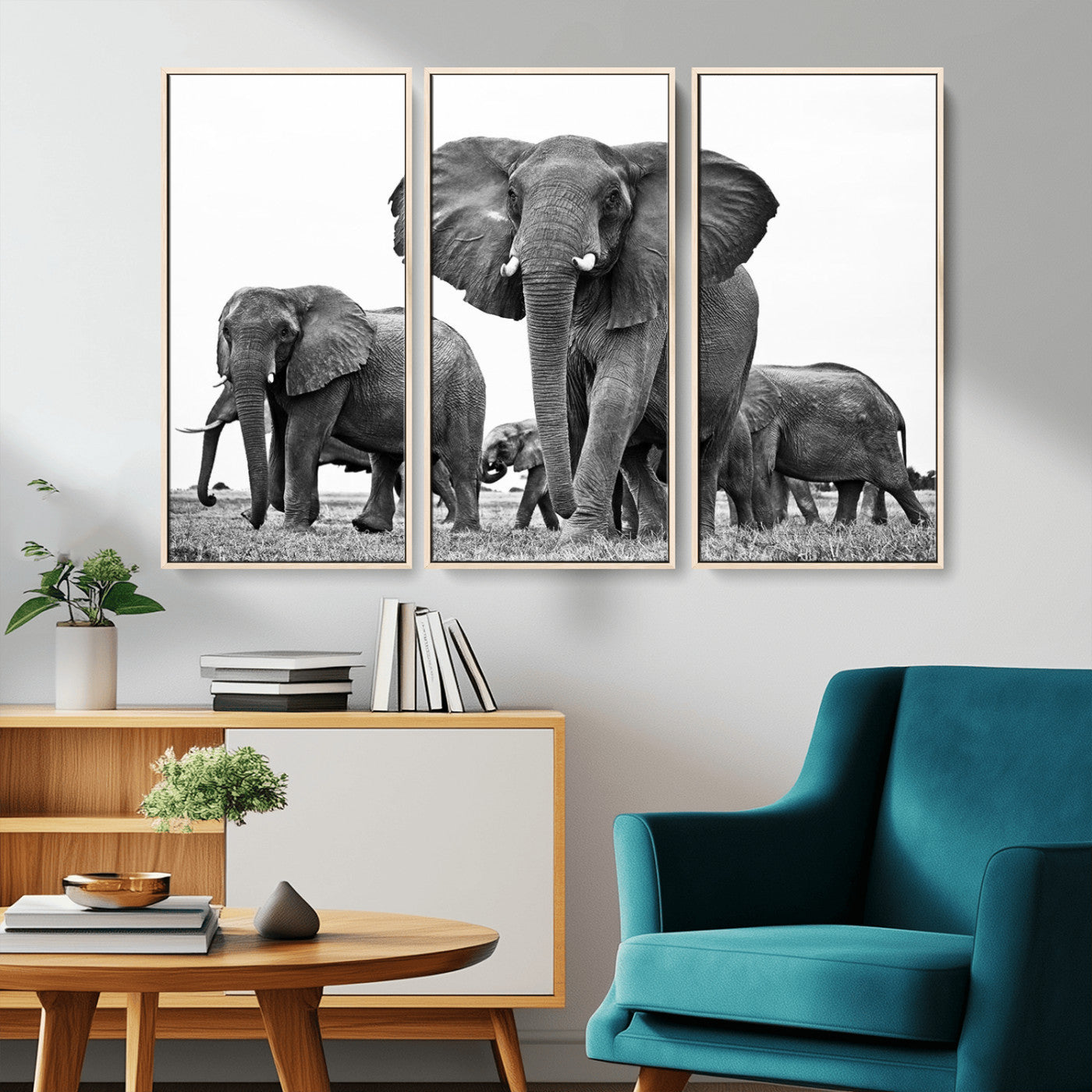 MGV-FC-48X32-3P - Black White Elephant Family Wall Art Canvas Print