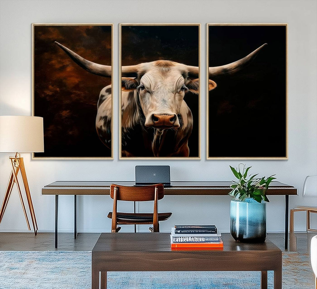 A large 3-panel Texas Longhorn canvas print dominates the space.