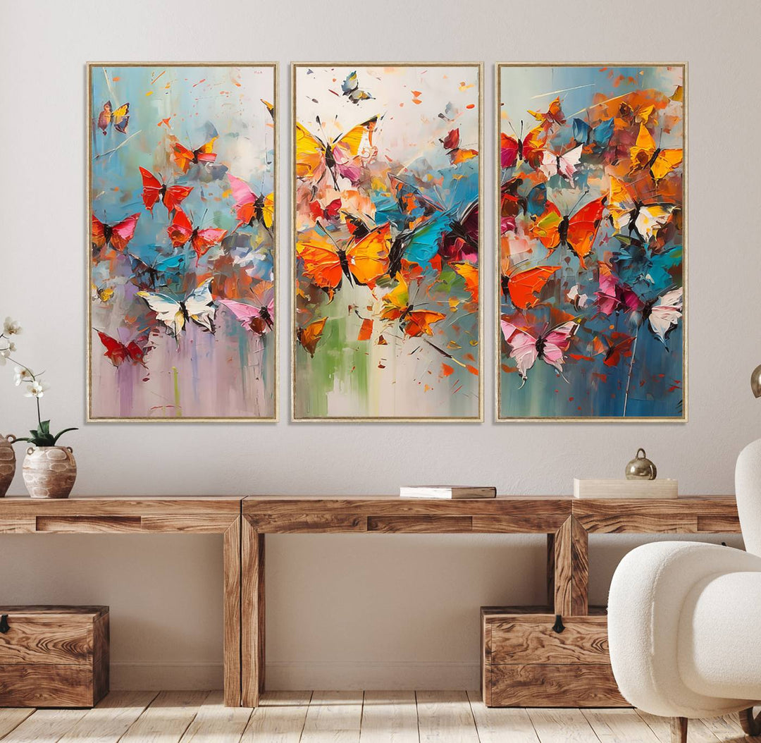 The Abstract Butterfly Wall Art Canvas Print hangs prominently, adding a touch of elegance and creativity to the room.