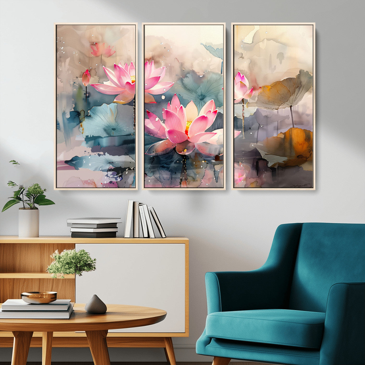 MGV-FC-48X32-3P - Lotus Flower Wall Art | 3-Panel Giclee Canvas Print of Pink Lotus Blossoms for Living Room, Bedroom, Office | Framed Lotus Floral Wall Art Decor Print
