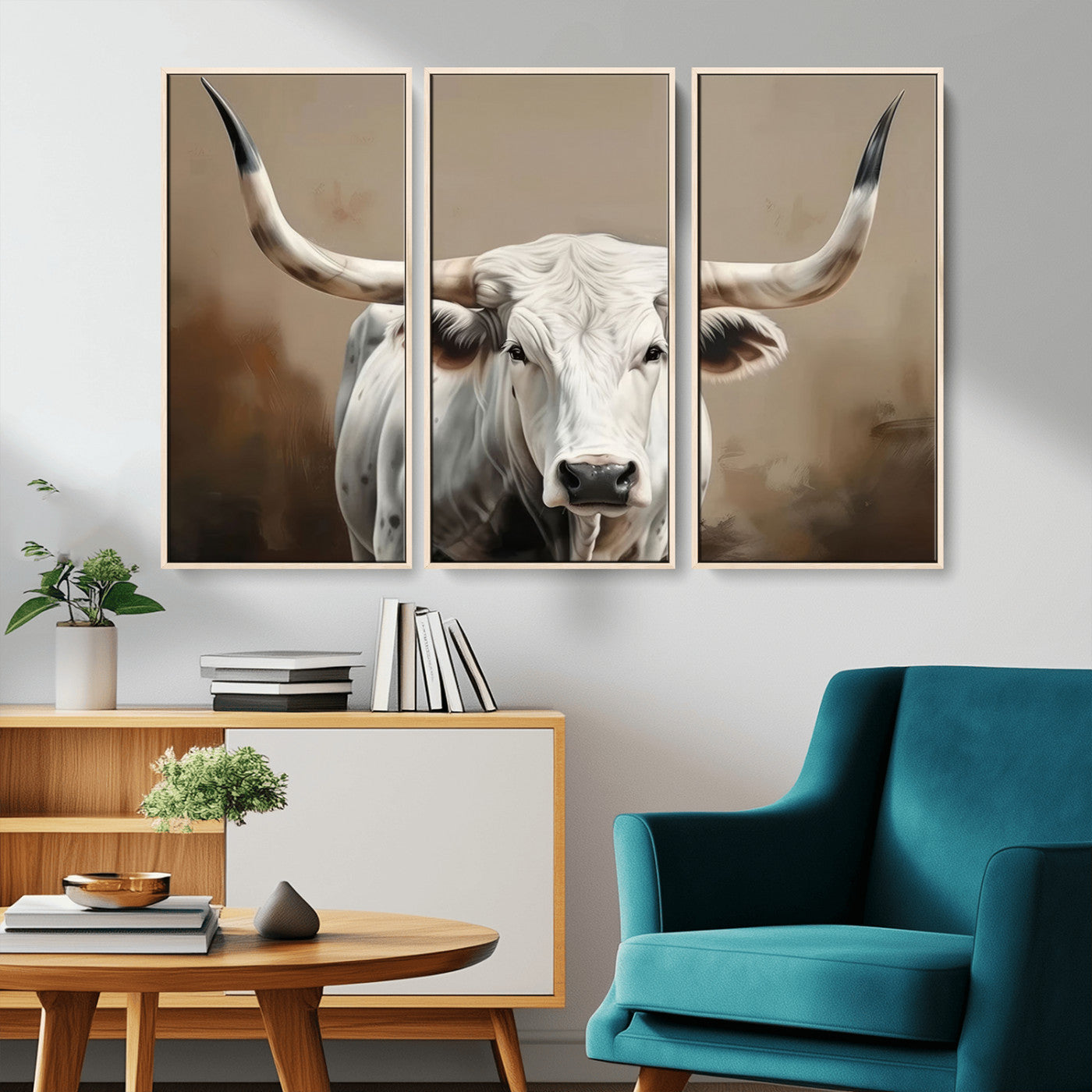 -White Longhorn Bull Wall Art Canvas Print – Framed and Ready to Hang – Perfect for Farmhouse and