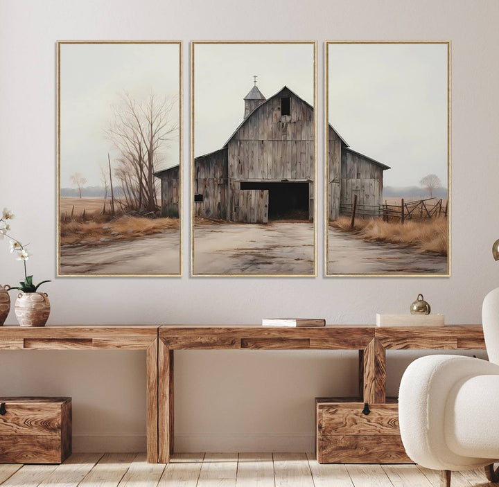 The Farmhouse Rustic Barn Wall Art Canvas Print, framed and ready to hang, enhances the farmhouse décor.