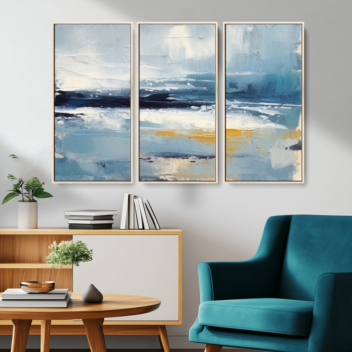 MGV-FC-48X32-3P - Abstract Ocean Canvas Wall Art - Coastal Blue and Gold Textured Painting, Modern Seascape Decor for Living Room Decor