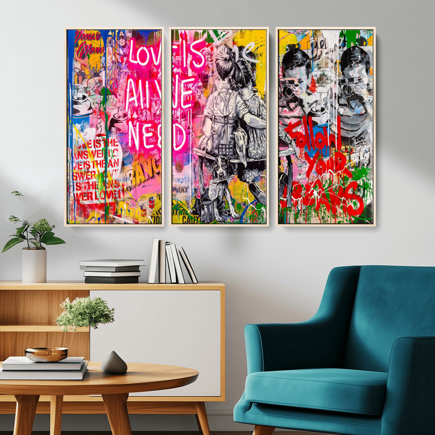 MGV-FC-48X32-3P - Follow Your Dreams & Love is All We Need Graffiti Street Art Triptych | 3-Panel Colorful Urban Wall Art for Living Room, Office, Loft Graffiti Wall Art Print