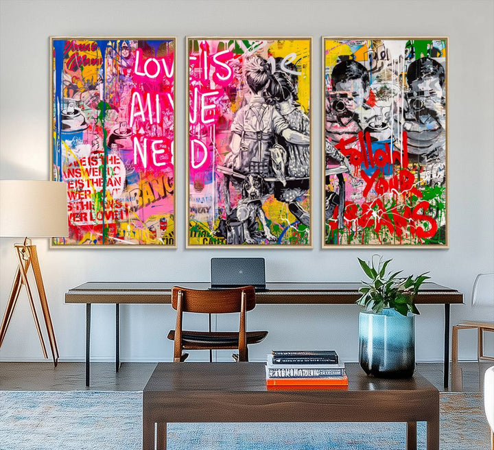 A vibrant and dynamic triptych features distorted horizontal lines, resembling graffiti street art. This artwork conveys the themes of "Follow Your Dreams" and "Love is All We Need" across three colorful panels.