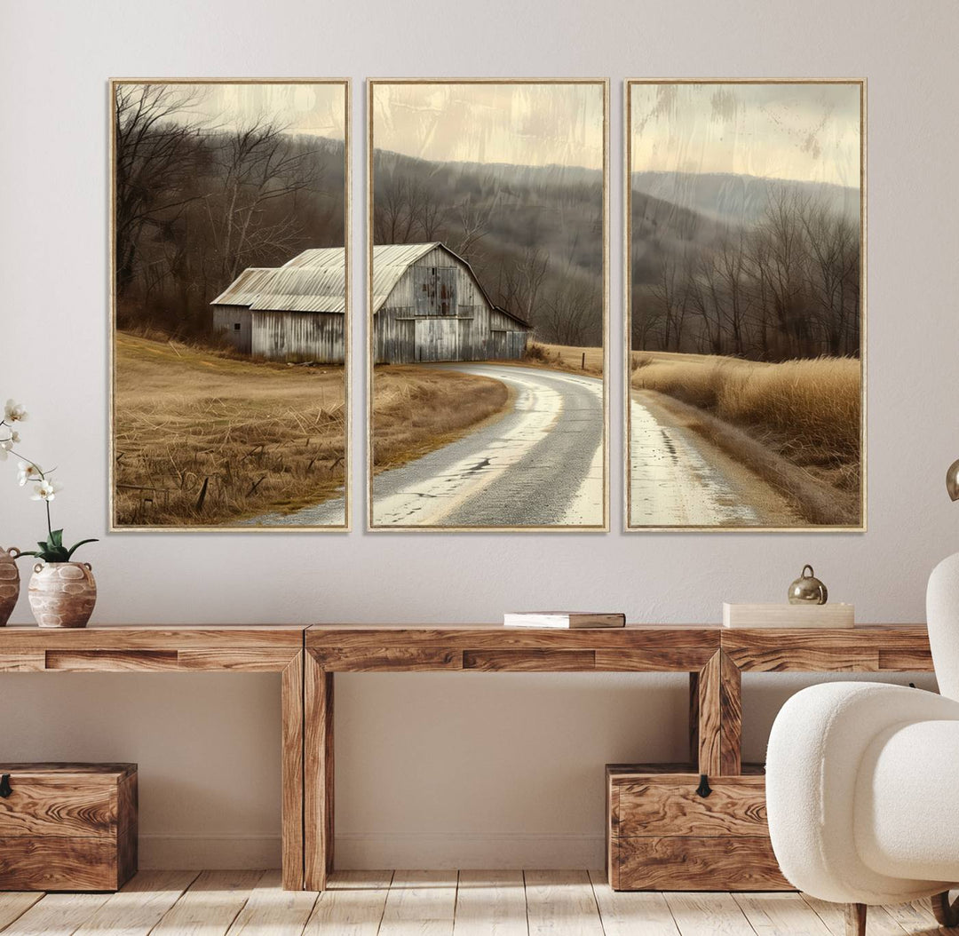 The wall exudes rustic charm, highlighted by the Vintage Barn Farmhouse Wall Decor Canvas Print.