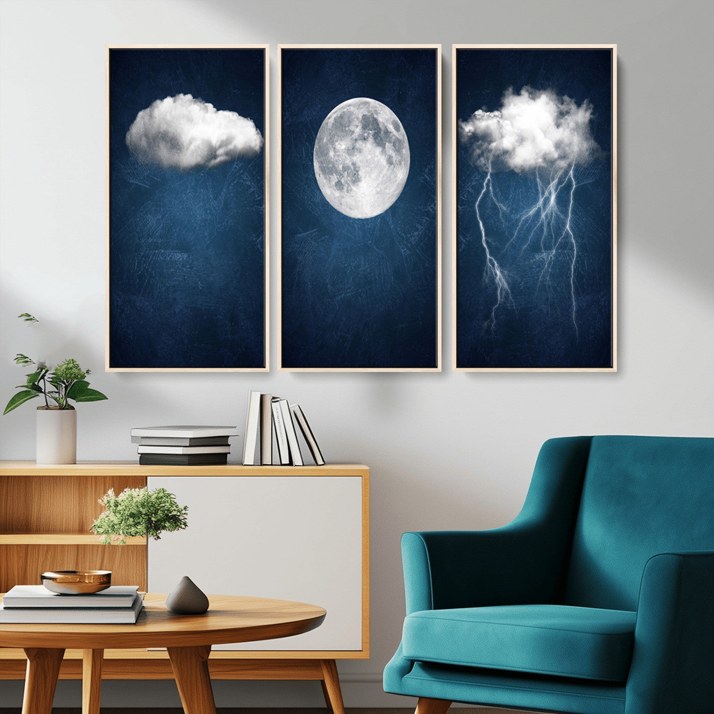 -Dark Blue Cloud Art, 3 Piece Indigo Blue Wall Art, Aesthetic Surreal Art, Thunderstorm Moon Cloud