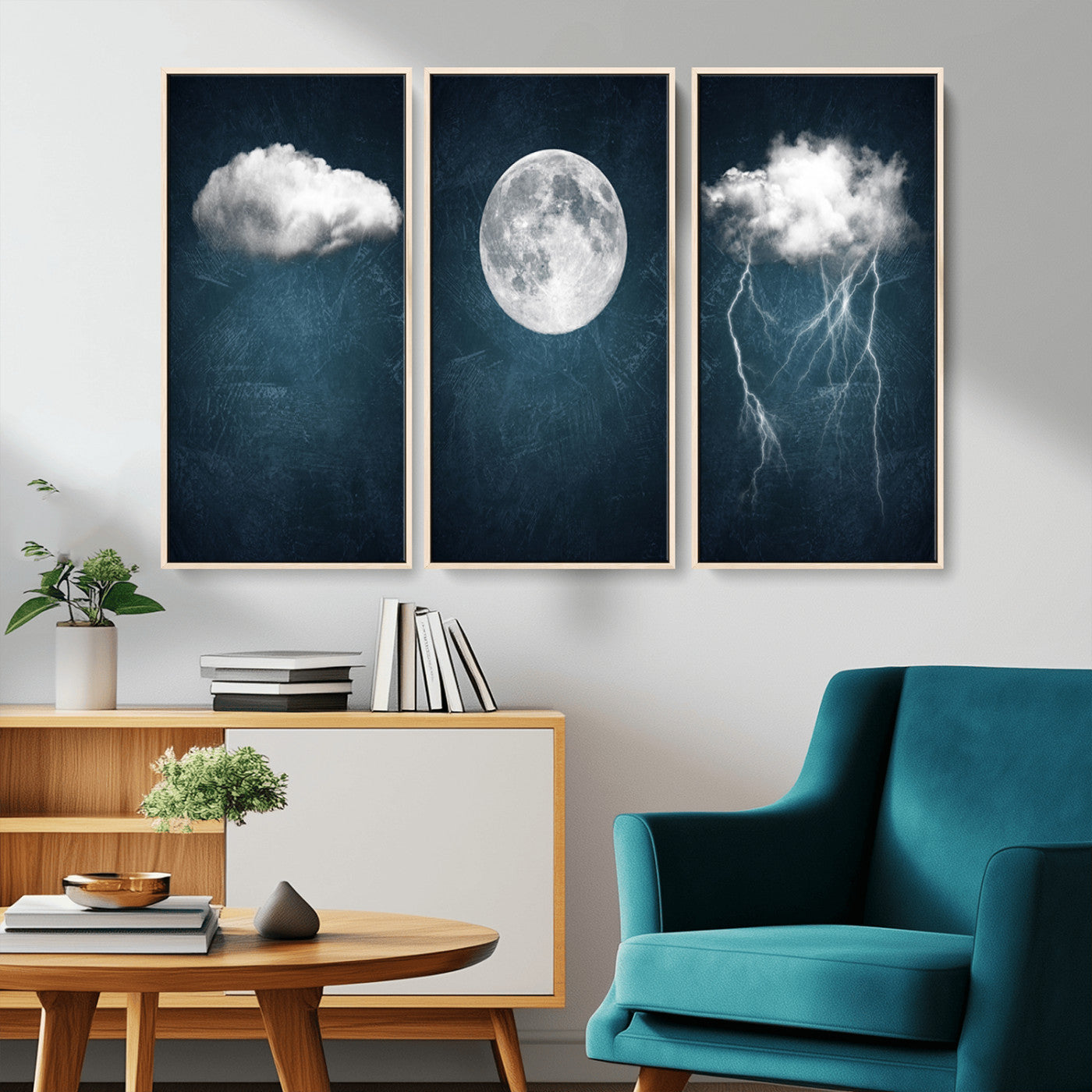 -3 Piece Indigo Cloud Wall Art, Thunderstorm Moon Cloud Artworks