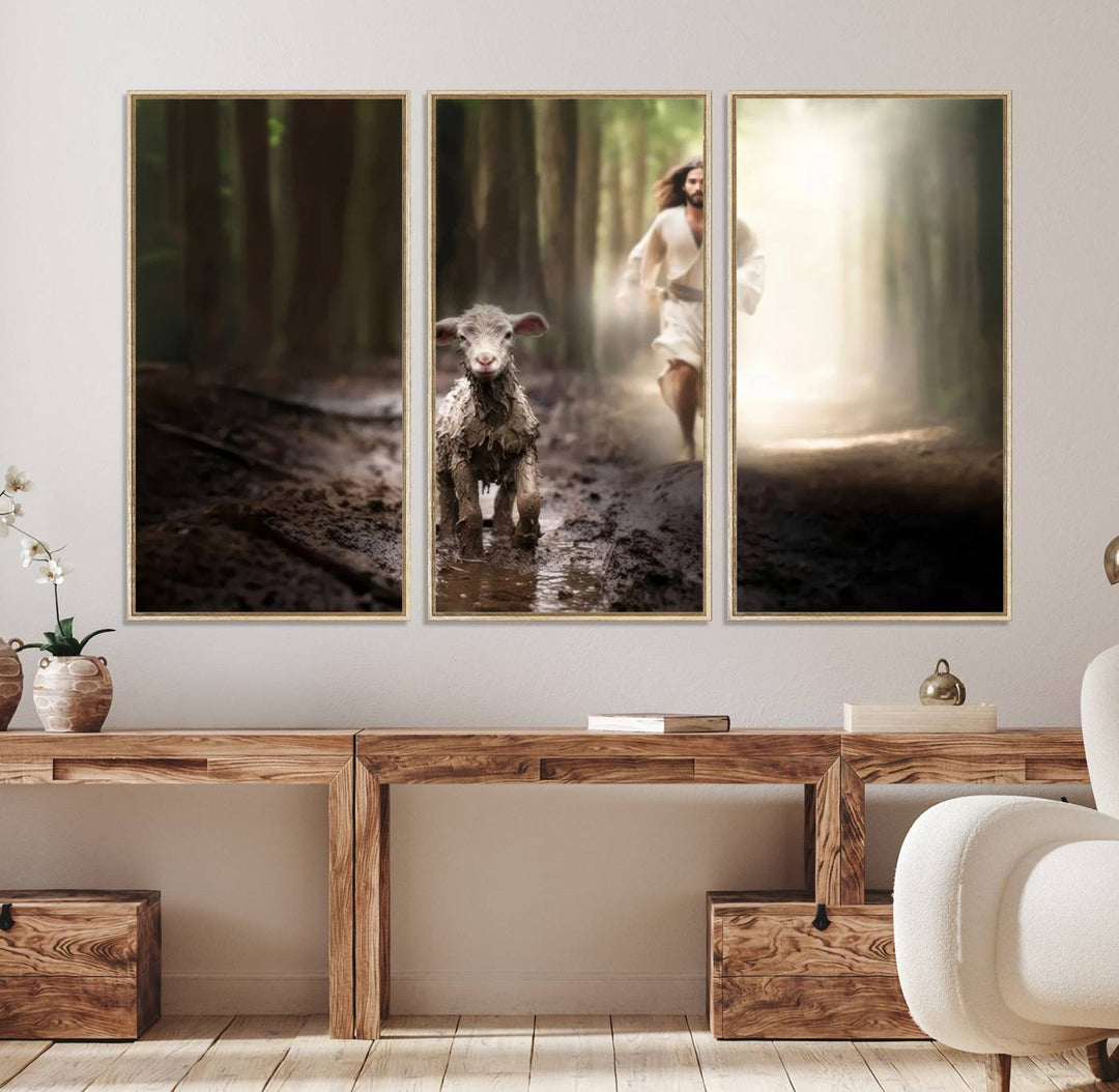 The Jesus Running After Lost Lamb canvas wall art adds a touch of spiritual significance.