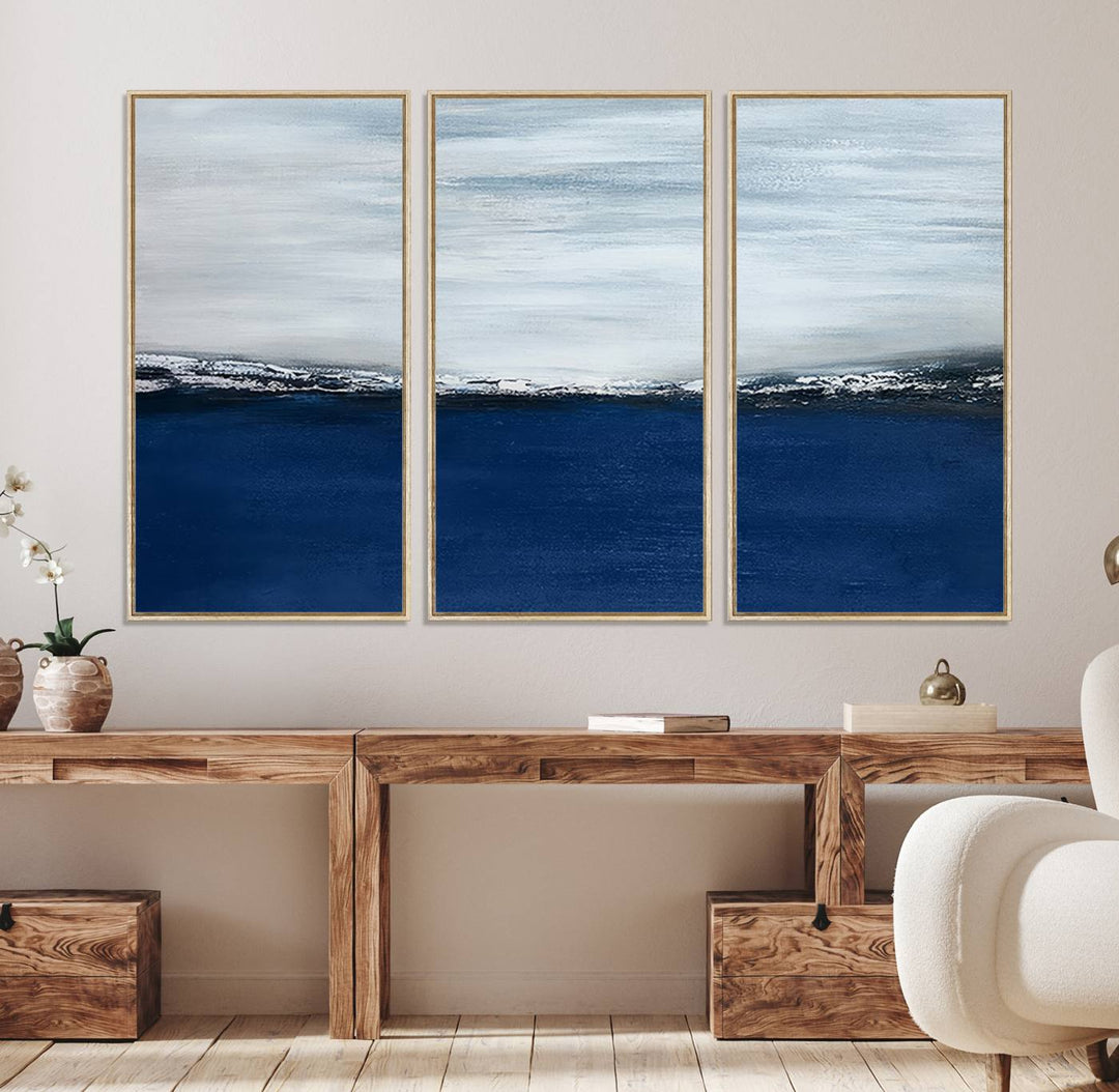 A Navy Blue Abstract Wall Art Canvas Print is displayed above the backsplash.