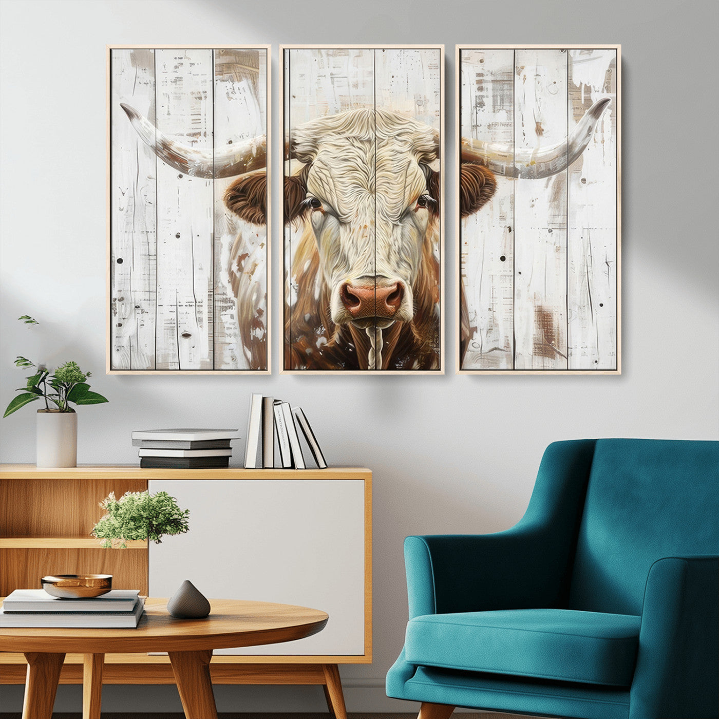 -Rustic Longhorn Bull Wall Art Canvas Set – Western-Inspired Farmhouse Décor - Ready to Hang