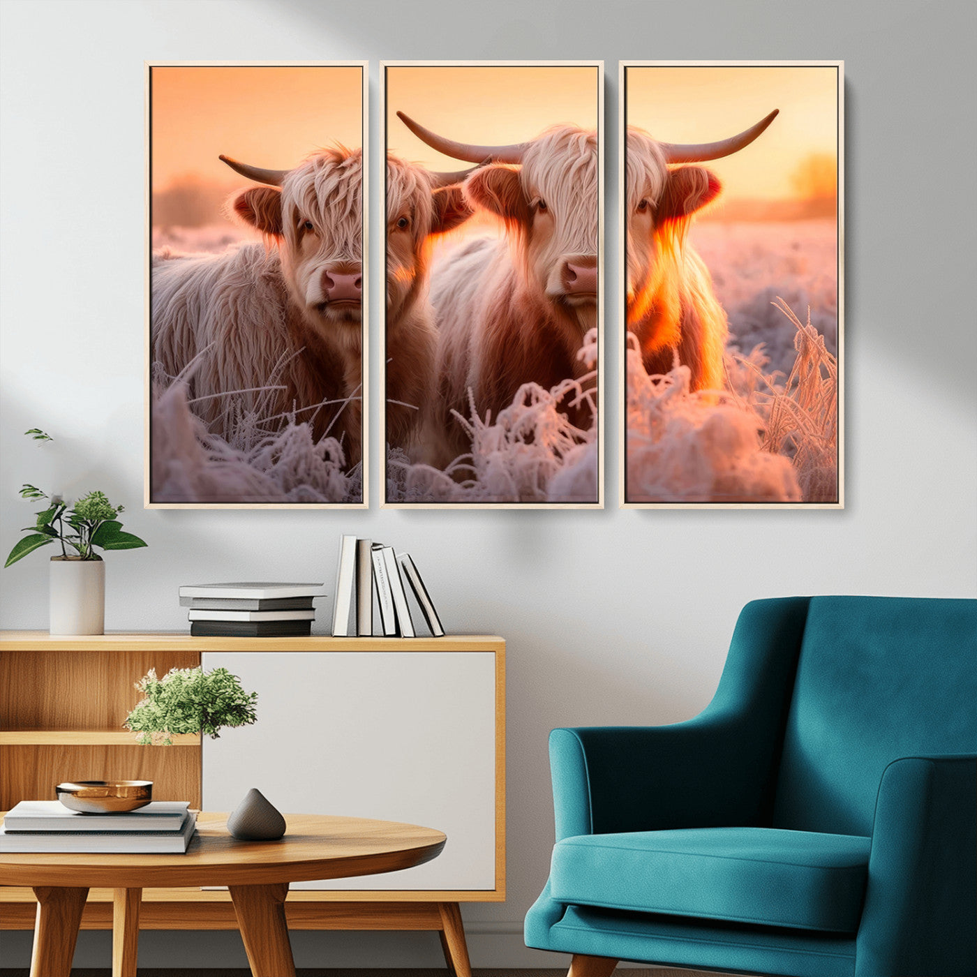 -Highland Cows at Sunrise Wall Art Canvas Set – Serene and Rustic Farmhouse Decor