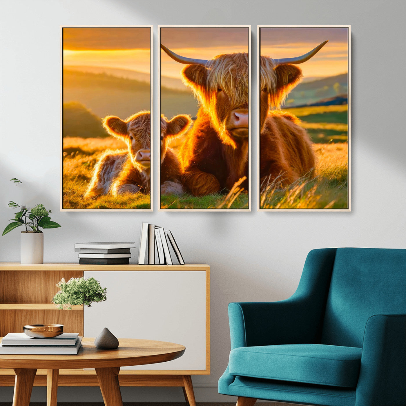 -Scottish Cow and Baby Cow Canvas Wall Art Animal Print Fluffy Cattle Framed Farmhouse Decor