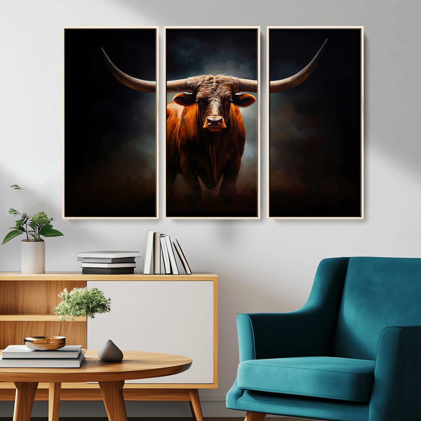 MGV-FC-48X32-3P - Abstract Texas Longhorn Wall Art Print | 3-Panel Large Texas Longhorn Canvas Print for Living Room, Office  Farmhouse Decor | Framed Longhorn Wall Art