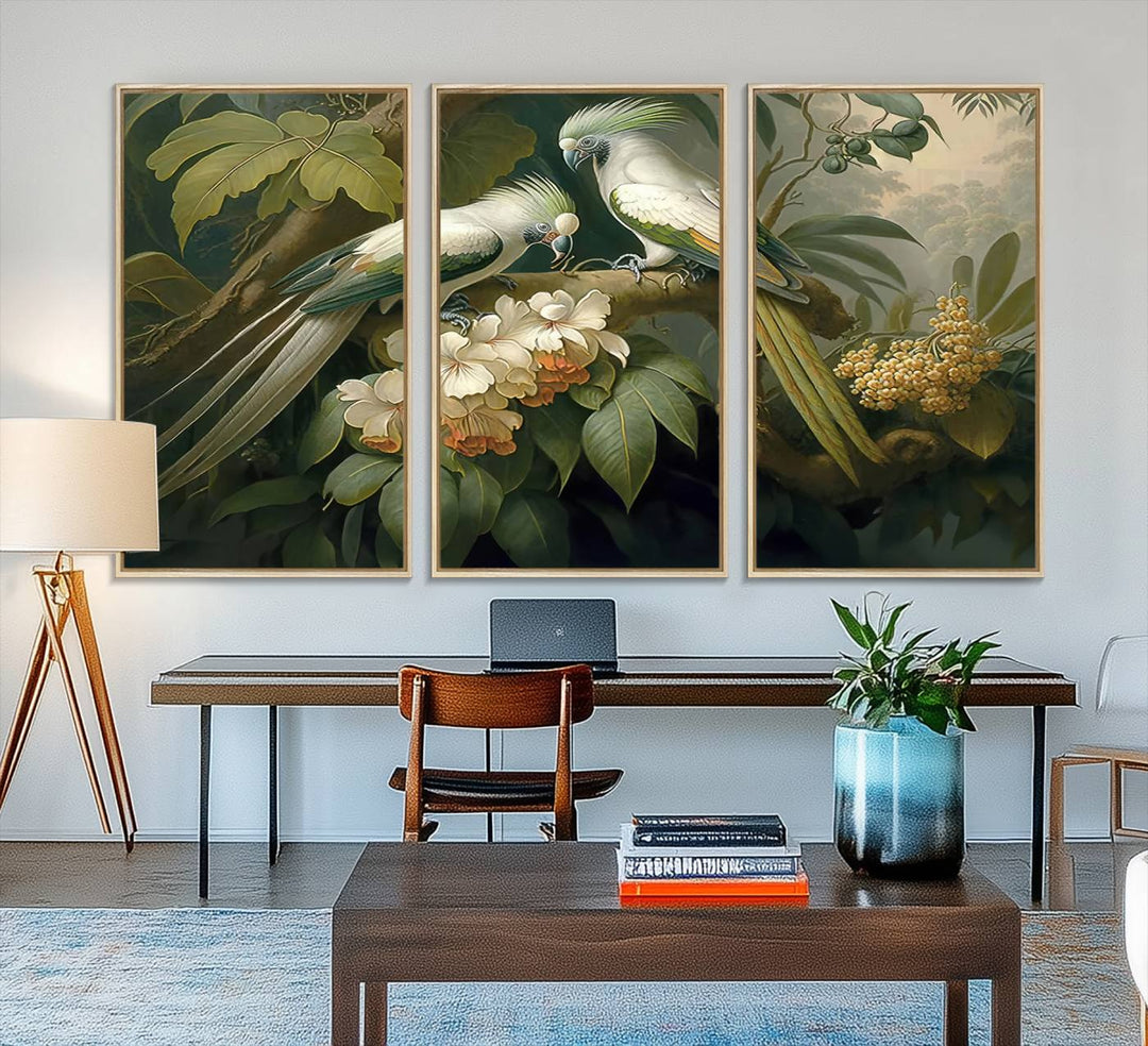 The Tropical Paradise Wall Art features a parrot in a lush forest.